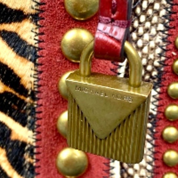 Michael Kors Mercer Medium Red Leopard Calf Hair‎ Gold Studded Accordion Handbag - Picture 3 of 4